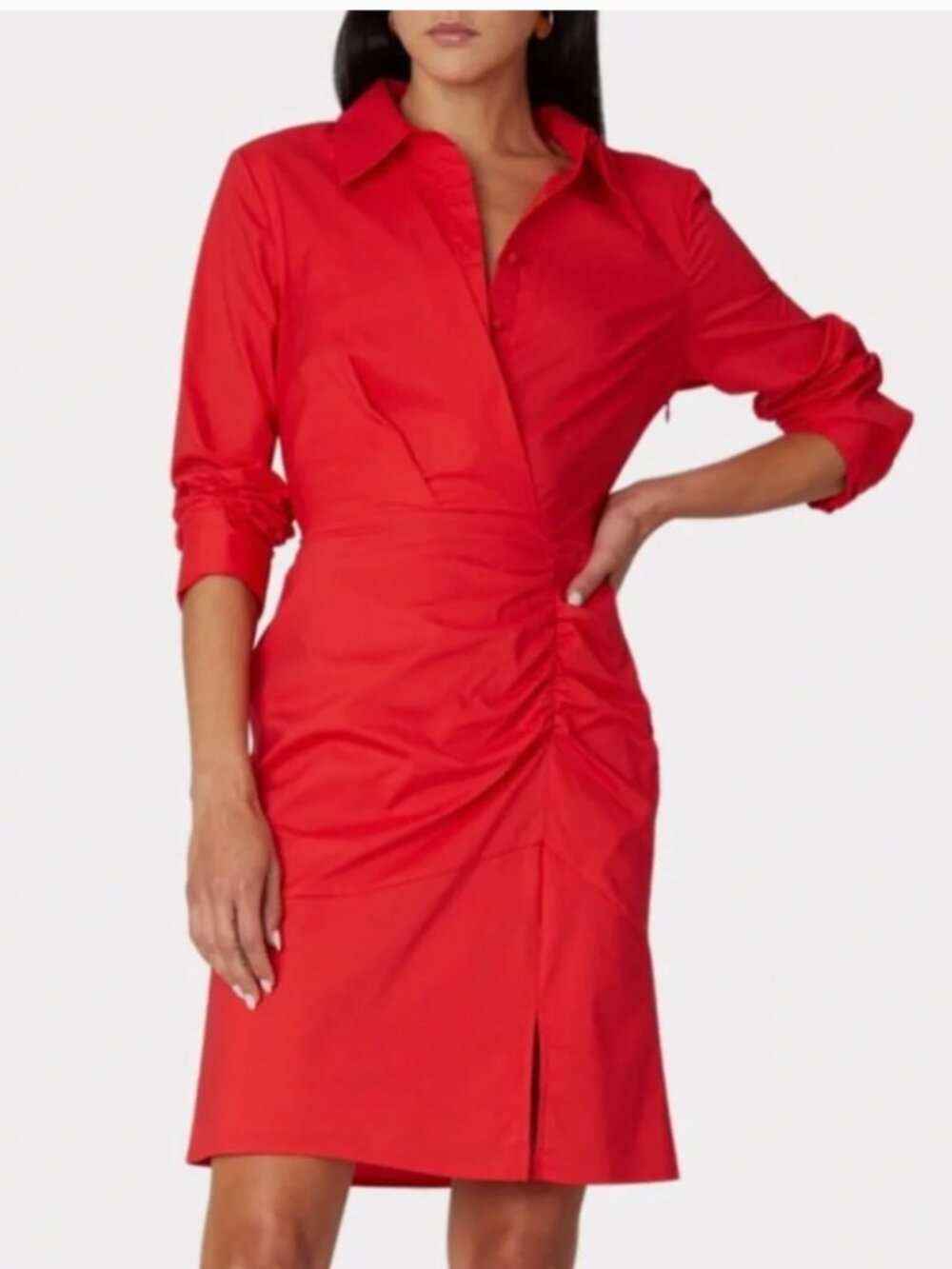 MILLY Red Poplin Collared Shirt Dress Ruched Waist Long Sleeve Mini Dress Size 0